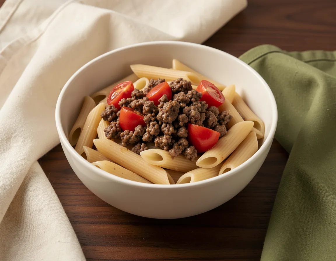 Whole-wheat pasta bowl with lean beef and tomatoes