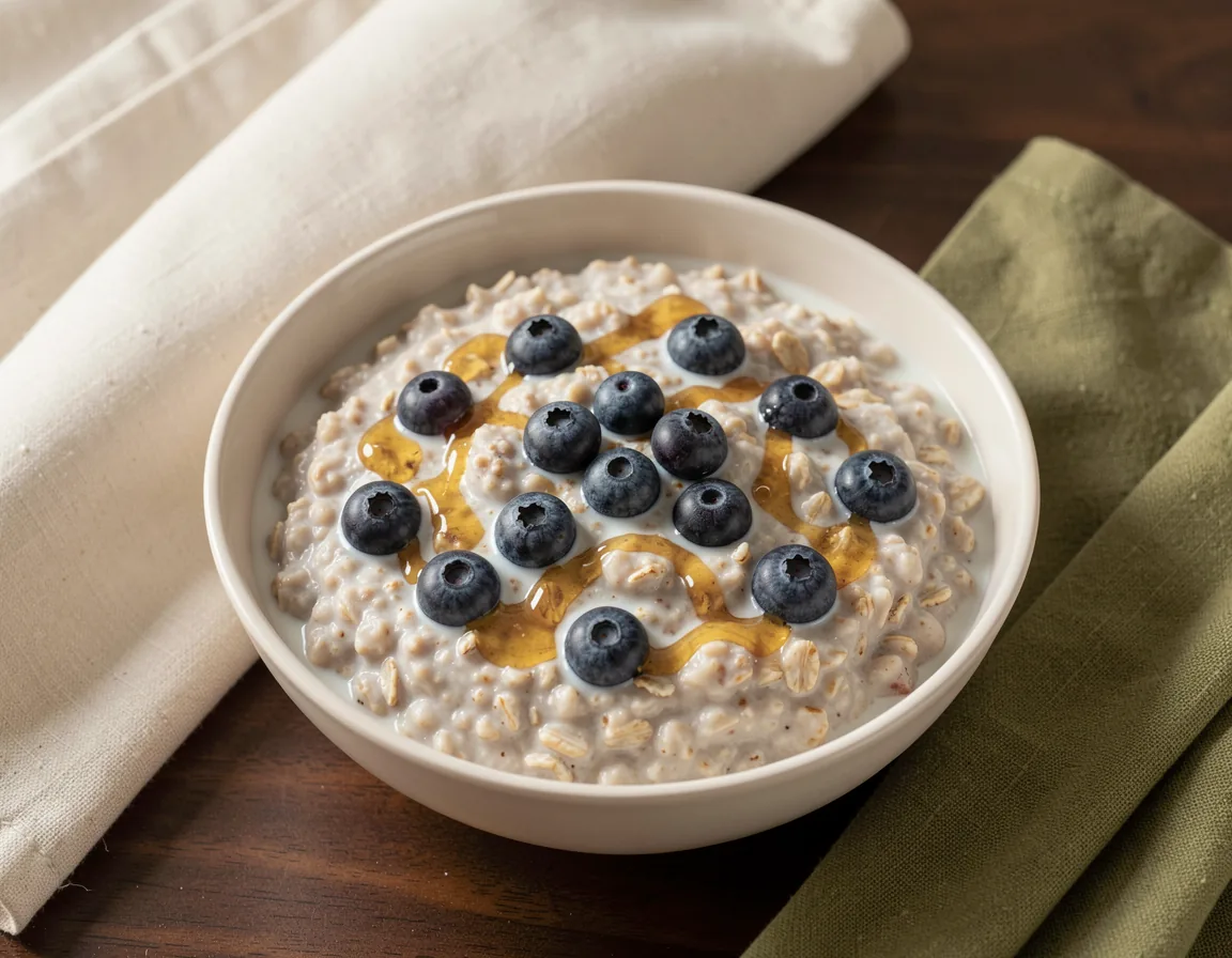 Blueberry oatmeal with oats, low-fat milk, honey, and blueberries