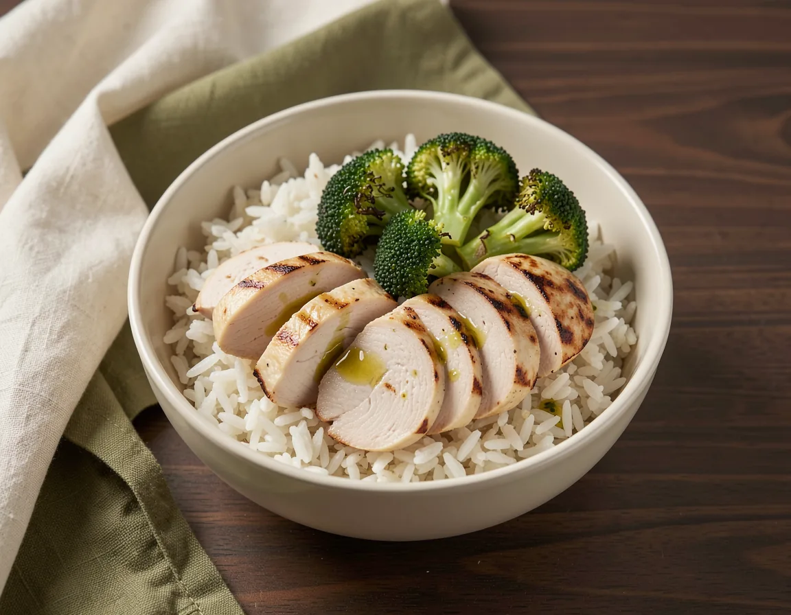 Chicken rice bowl with grilled chicken breast and broccoli