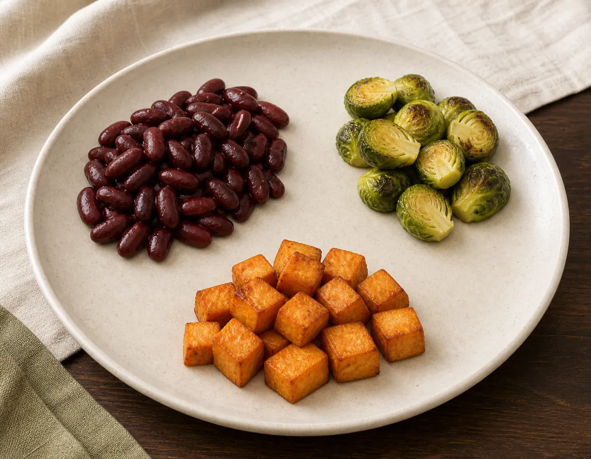 Kidney beans and sweet potato plate with Brussels sprouts