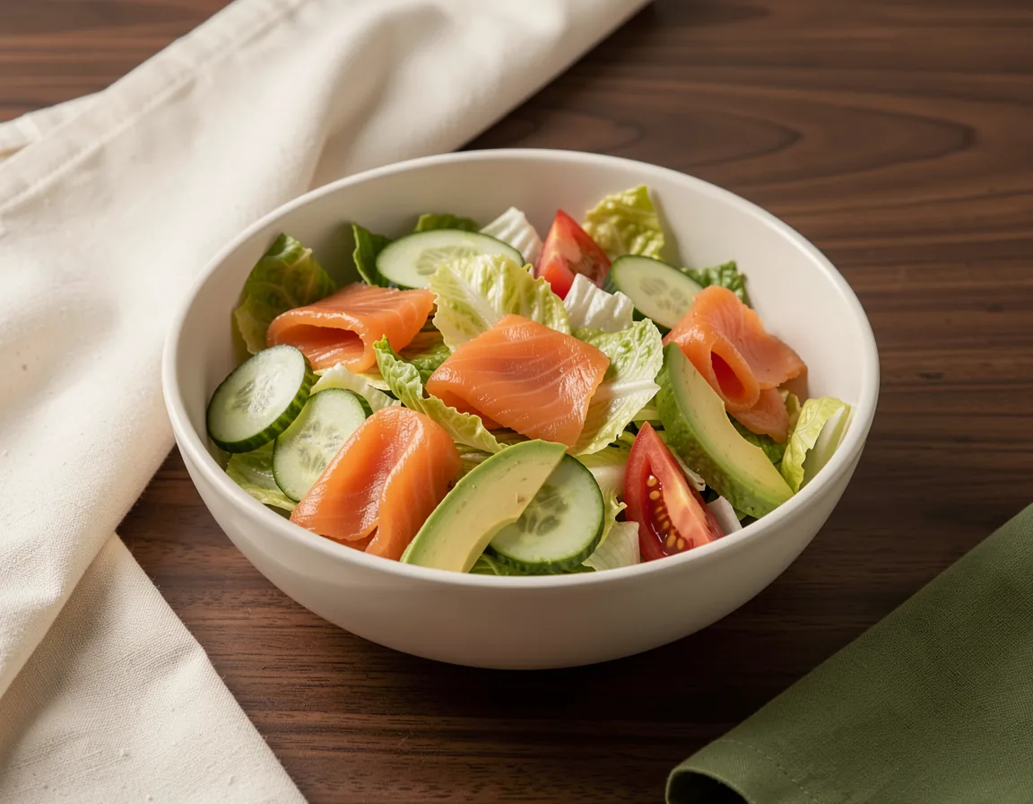 Smoked salmon salad with iceberg lettuce, cucumber, tomatoes, and avocado