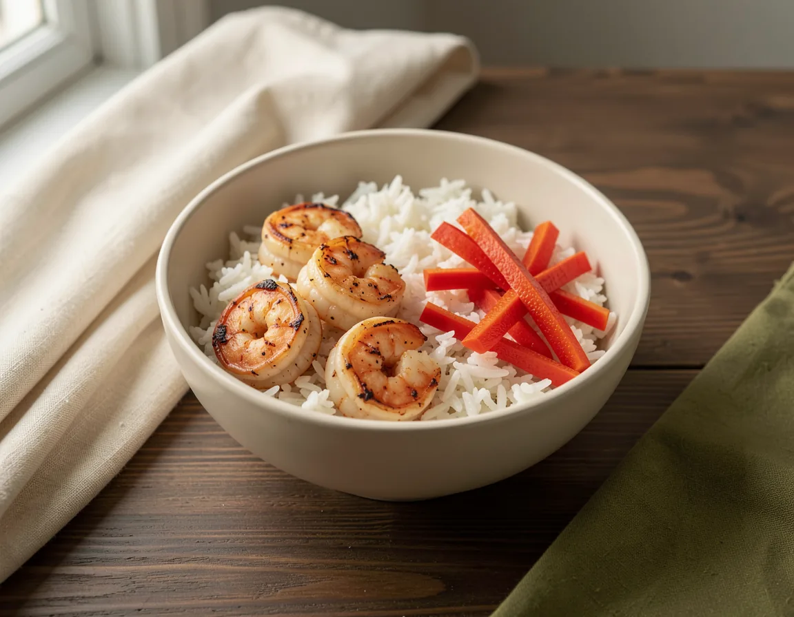 Shrimp rice bowl with white rice and bell pepper