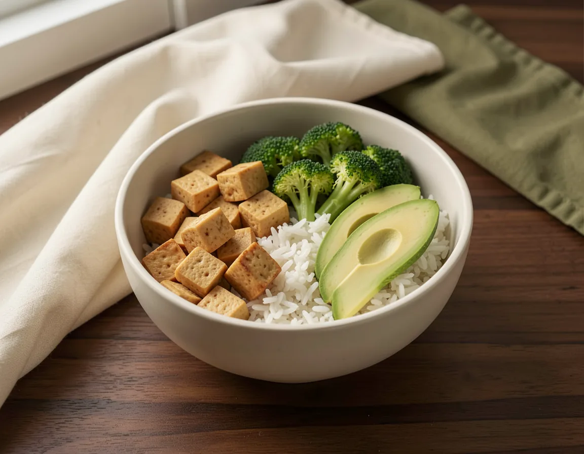 Tofu rice bowl with broccoli and avocado